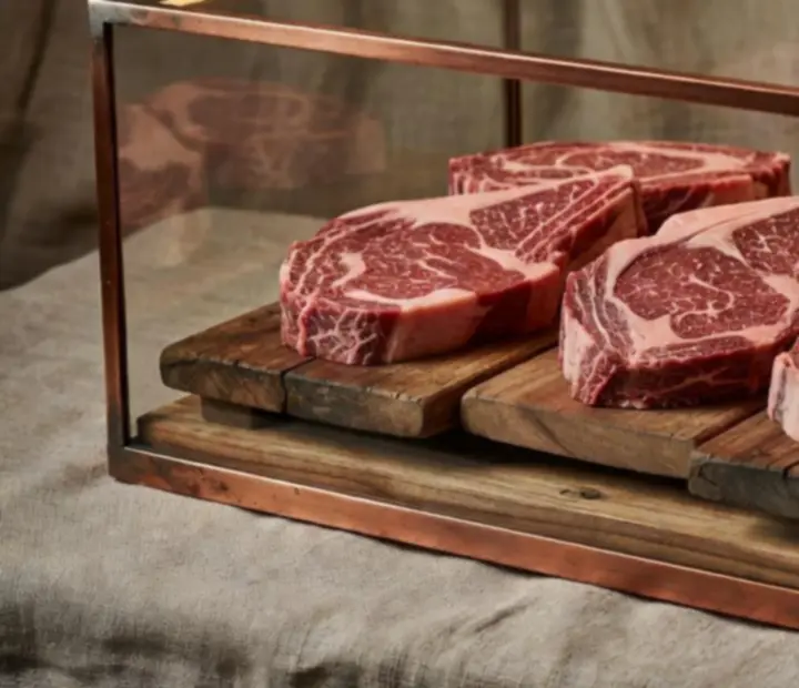 Aged steak display in a warm copper-accented Australian steakhouse