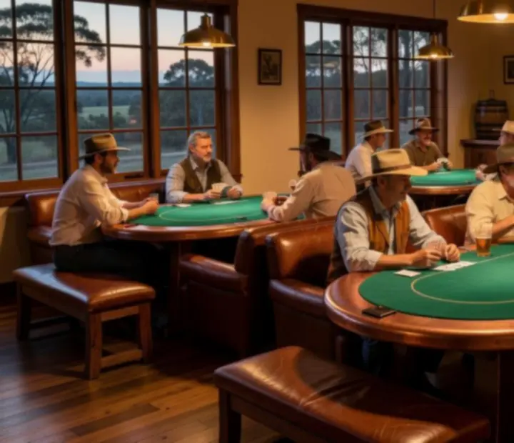 Warm Australian steakhouse interior beside a copper-trimmed offline poker table