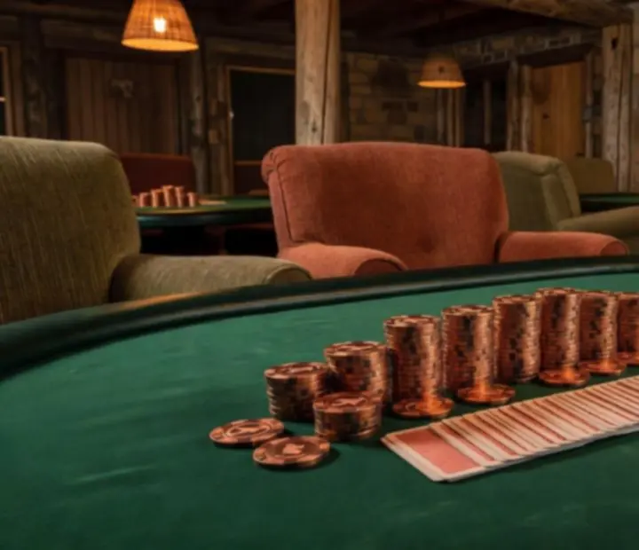 Detail of a felt poker table with copper-embossed chips at AGNIESZKA ADACH WERSA.