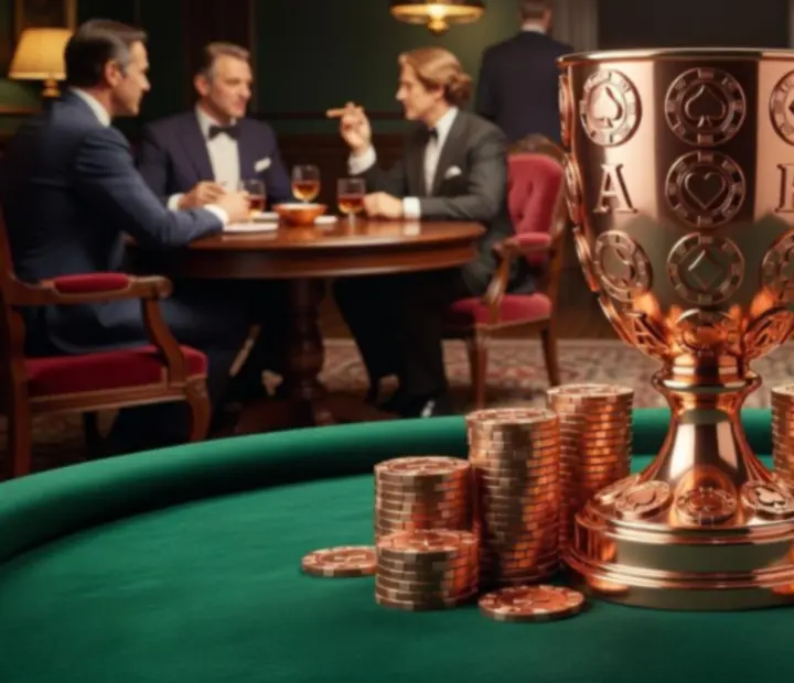 Copper chip trophy displayed beside stacked chips on a poker felt table