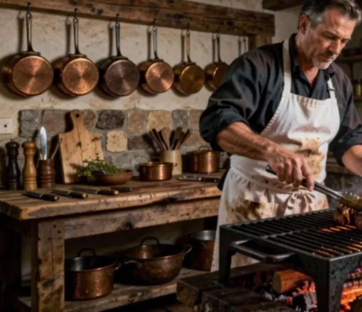 Grillmaster tending wood-fired steaks over a glowing grill