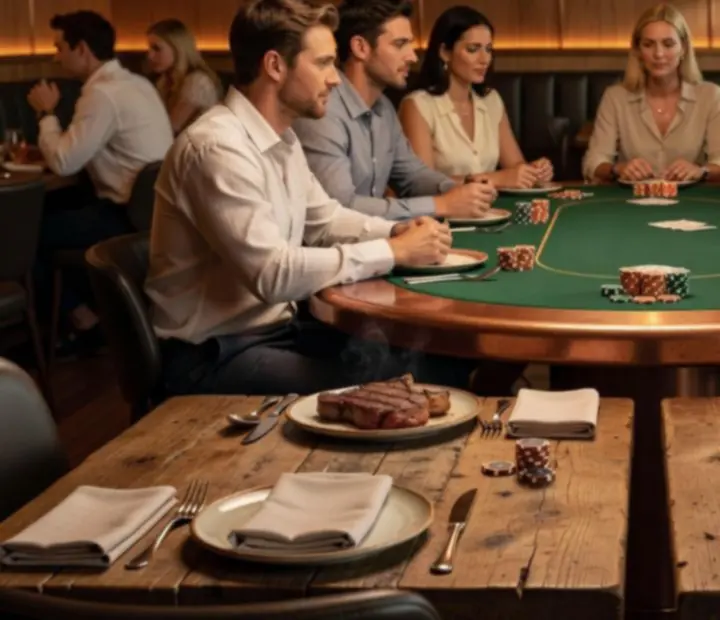 Warm Australian steakhouse interior with diners and an adjacent offline poker lounge.