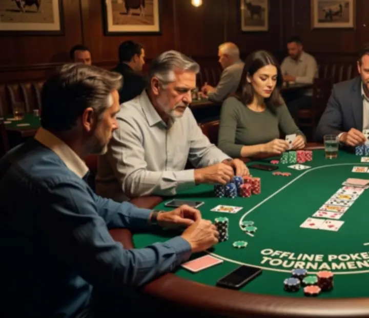 Offline poker tournament at AGNIESZKA ADACH WERSA with players seated around green felt tables