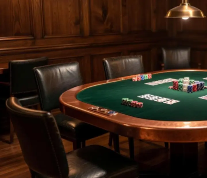 Copper-trimmed poker table with green felt and chip stacks at AGNIESZKA ADACH WERSA.