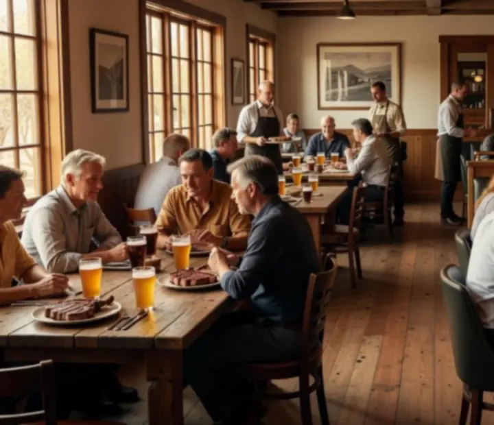 Warm steakhouse interior with guests dining beside an offline poker table in the card lounge