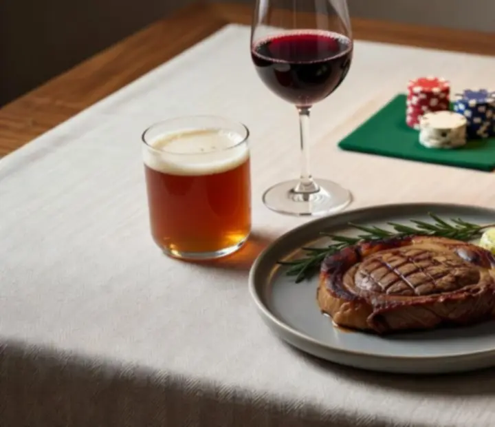 Steak plated beside a glass of red wine and craft beer on a timber table